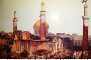 الروضة الحسينية بريشة الرسام البريطاني روبرت كلايف سنة 1850 وتظهر مئذنة العبد الى يمين الصورة -